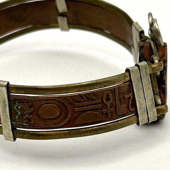 Vintage Egyptian Revival Jasper Stone Bracelet Brass Mixed Metal 6.75 in - Picture 13 of 16